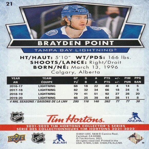 Brayden Point - 2021/2022 Tim Hortons Collector's Series Card - Picture 2 of 2